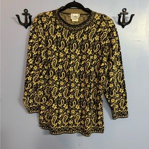 Cricket Lane Vintage Pull-Over Sweater Black/Gold Size M Paisley Print